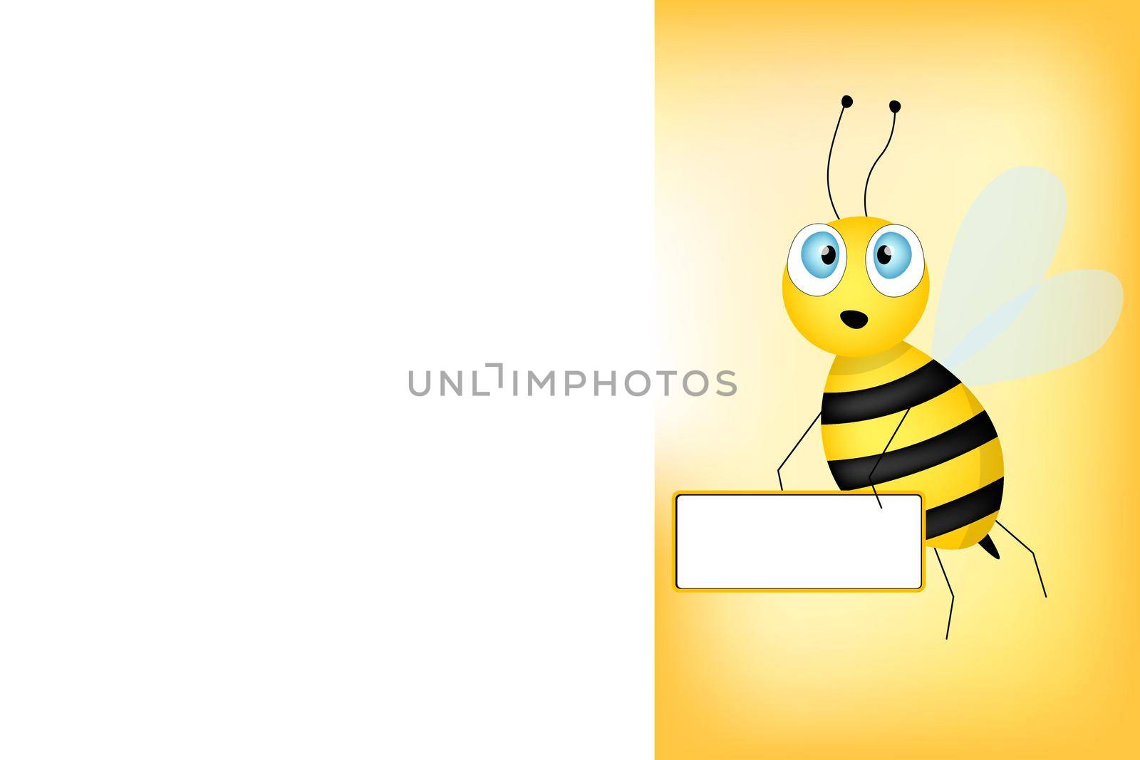 Cartoon cute bee mascot. Merry bee with an empty table. Small wasp. Vector character. Insect icon. Holiday template design for invitation, cards, wallpaper, school, kindergarten. Copy space
