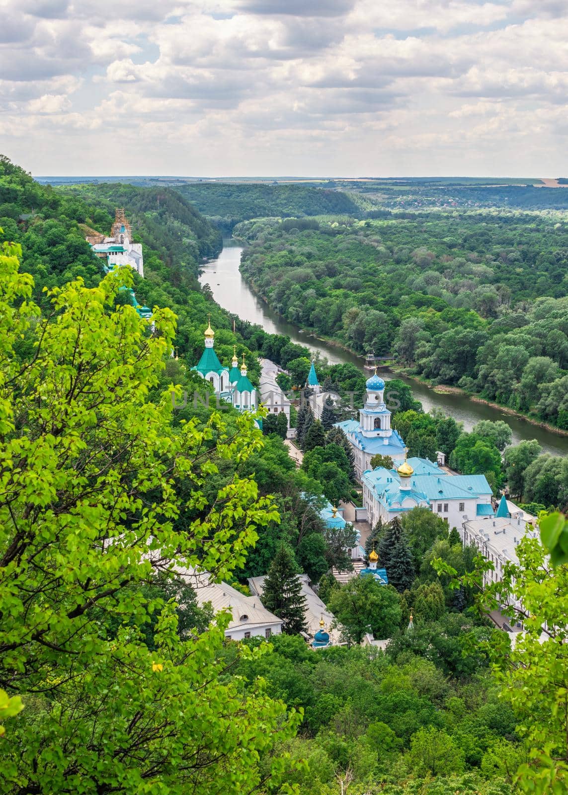 Svyatogorsk, Ukraine 07.16.2020.  View from above of the Holy Mountains Lavra of the Holy Dormition in Svyatogorsk or Sviatohirsk, Ukraine, on a summer day