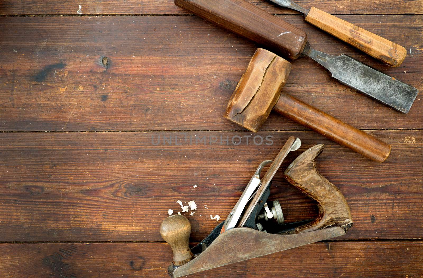 Woodwork tools on table, flat lay overhead by fivepointsix