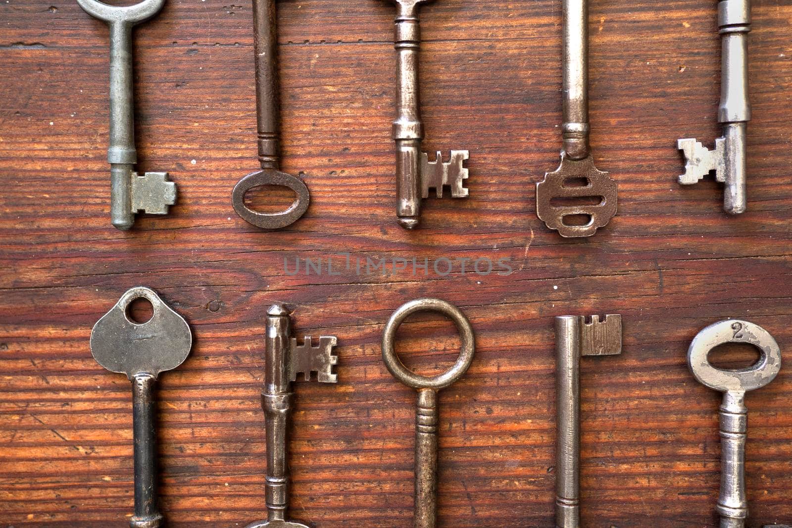 Row of old keys, flat lay