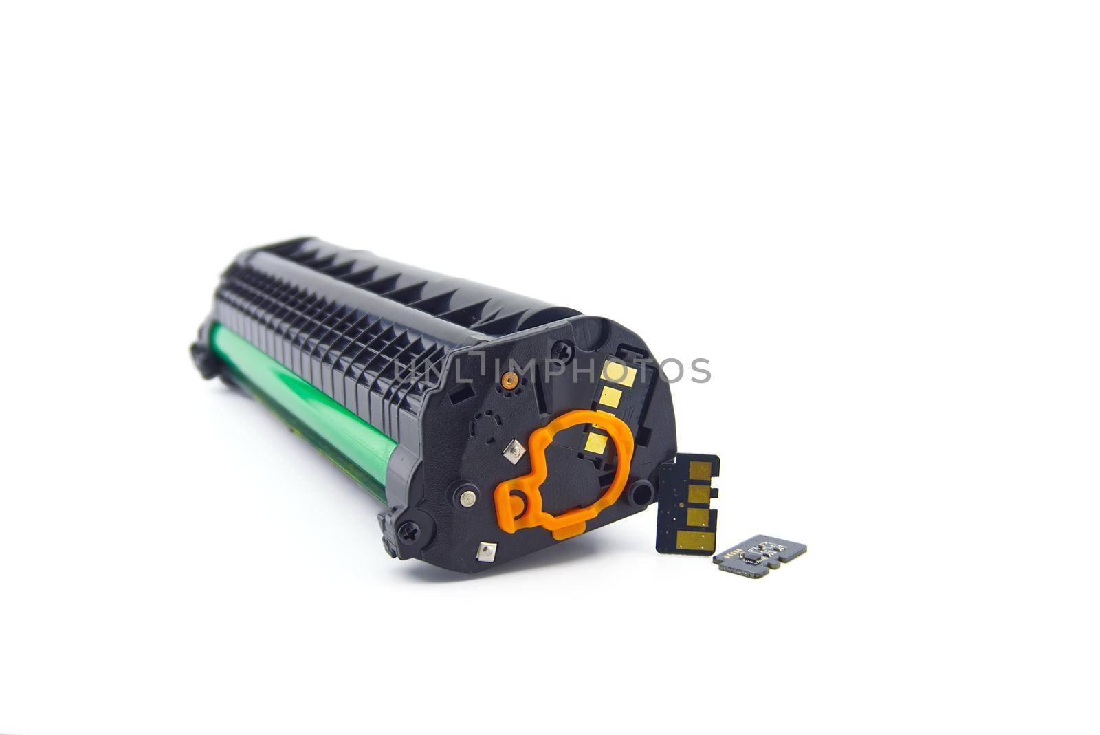 Laser printer toner cartridge and reset chip isolated on white background