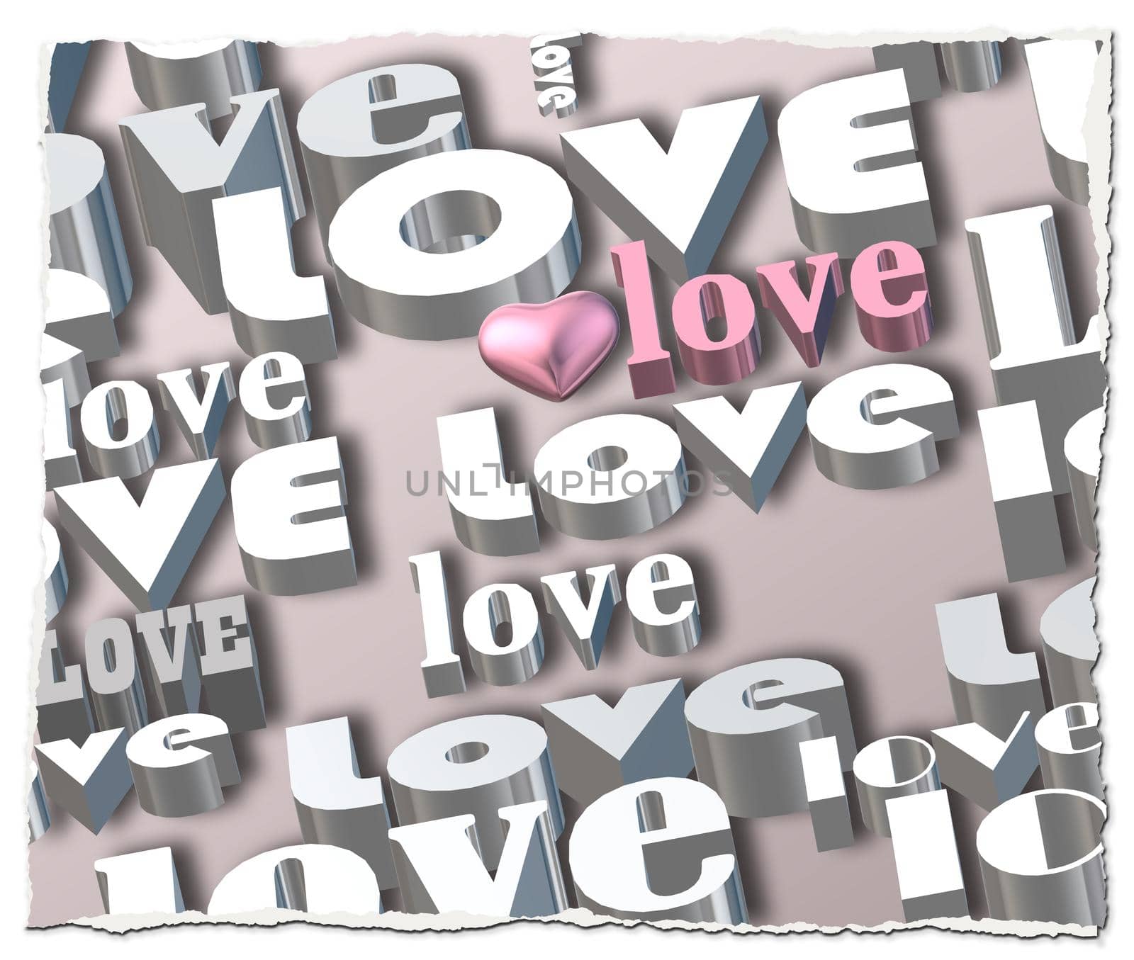 words LOVE on pastel background, 3D pink heart, pink world love. Valentines, party invitation, mothers day, 8th March, wedding, greeting card. Place for text. Elegant pink loves design. 3D render
