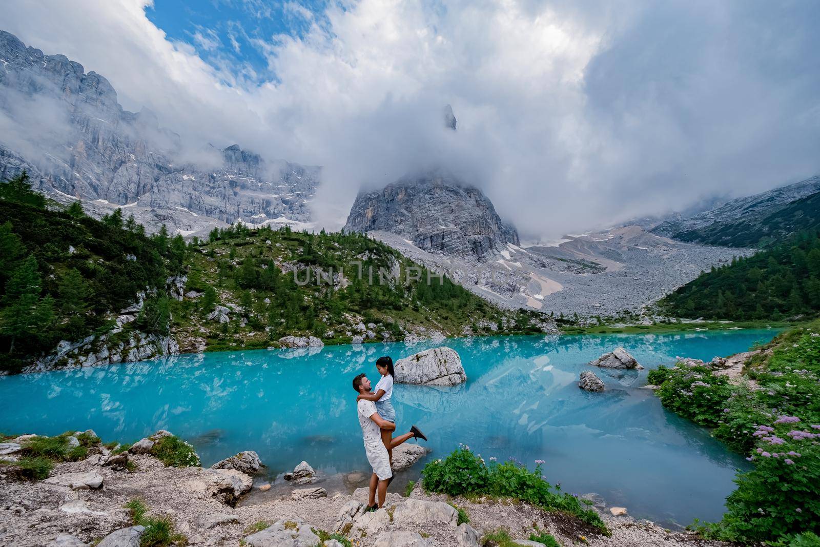 Beautiful Lake Sorapis Lago di Sorapis in Dolomites, popular travel destination in Italy by fokkebok