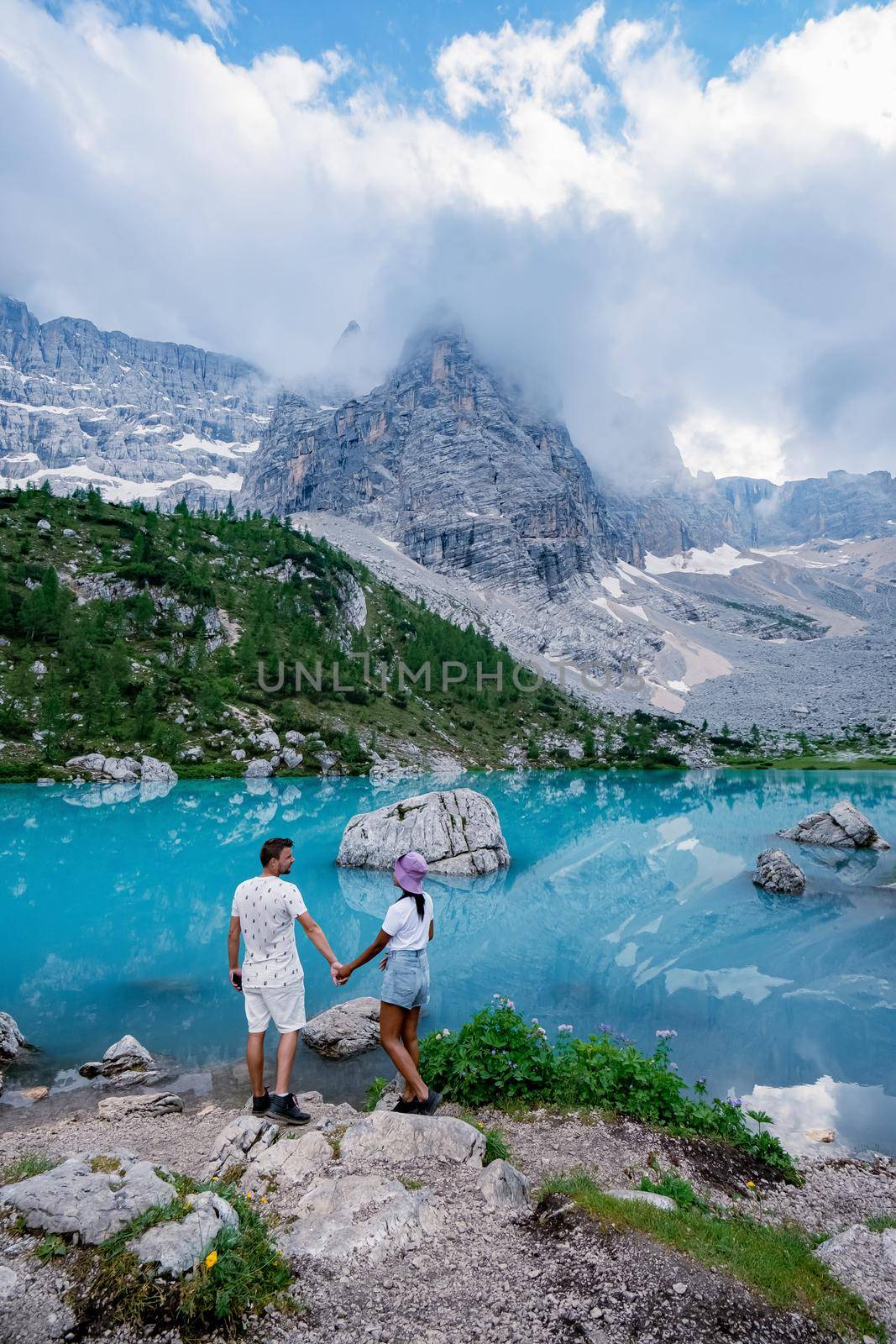 Beautiful Lake Sorapis Lago di Sorapis in Dolomites, popular travel destination in Italy by fokkebok