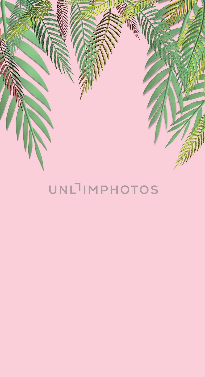 Tropical green leaves pattern on pink background. Exotic wallpaper. 3D illustration
