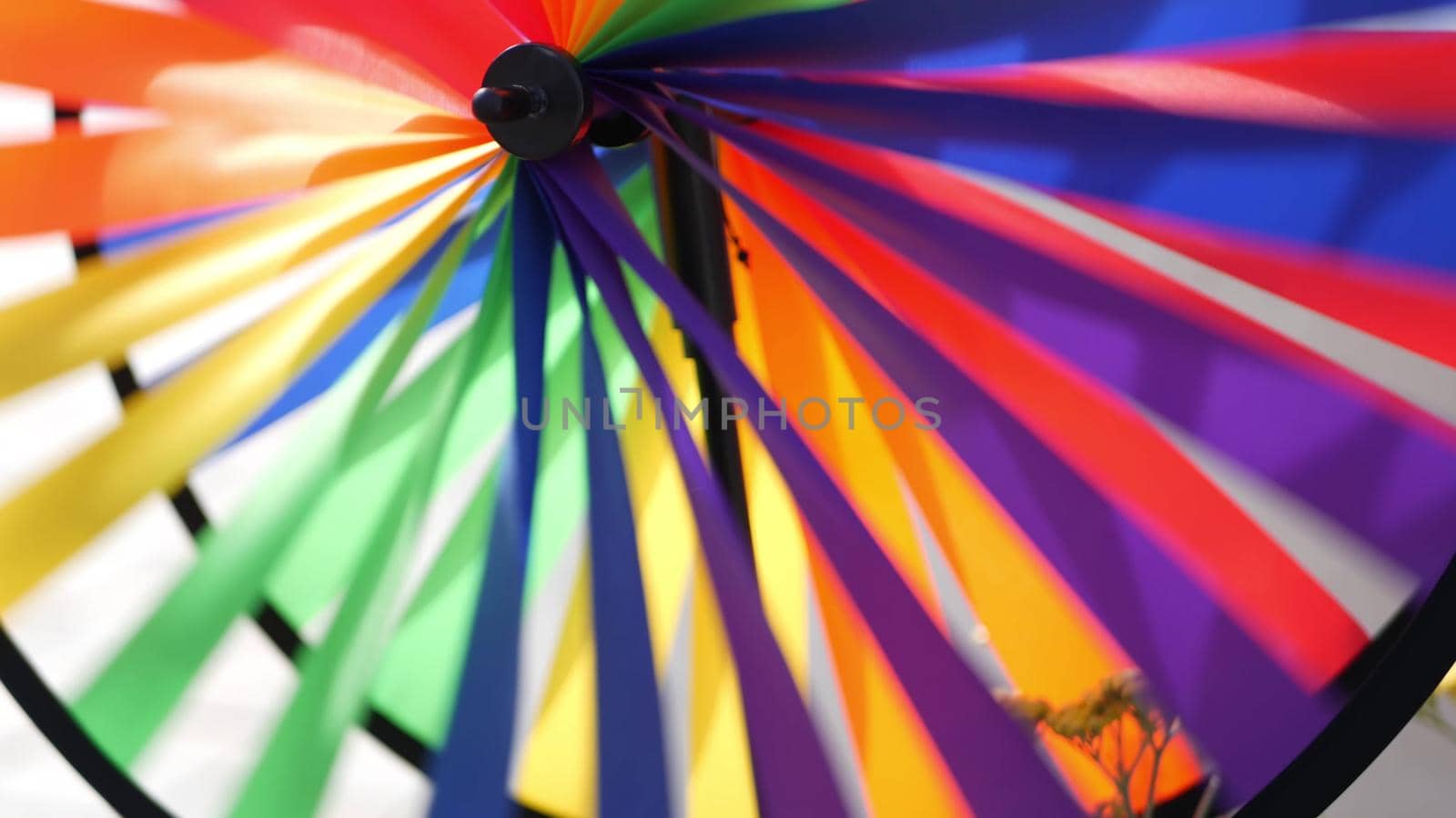 Colorful pinwheel spinning, weather wind vane, garden decoration in USA. Rainbow symbol of childhood, fantasy and imagination rotating. Multi colored spiral toy turning in breeze. Summertime dreaming by DogoraSun