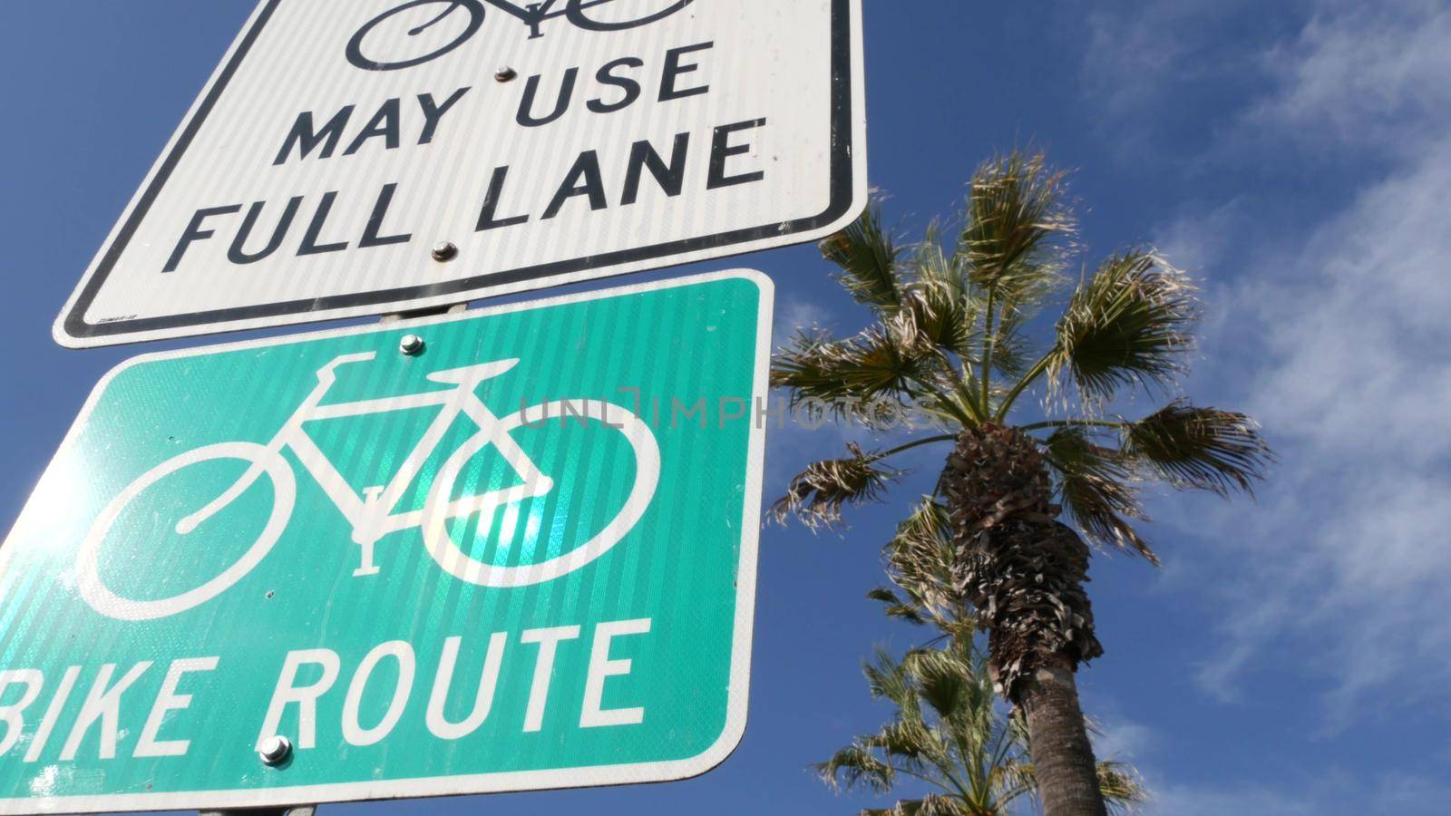 Bike Route green road sign in California, USA. Bicycle lane singpost. Bikeway in Oceanside pacific tourist resort. Cycleway signboard and palm. Healthy lifestyle, recreation and safety cycling symbol by DogoraSun