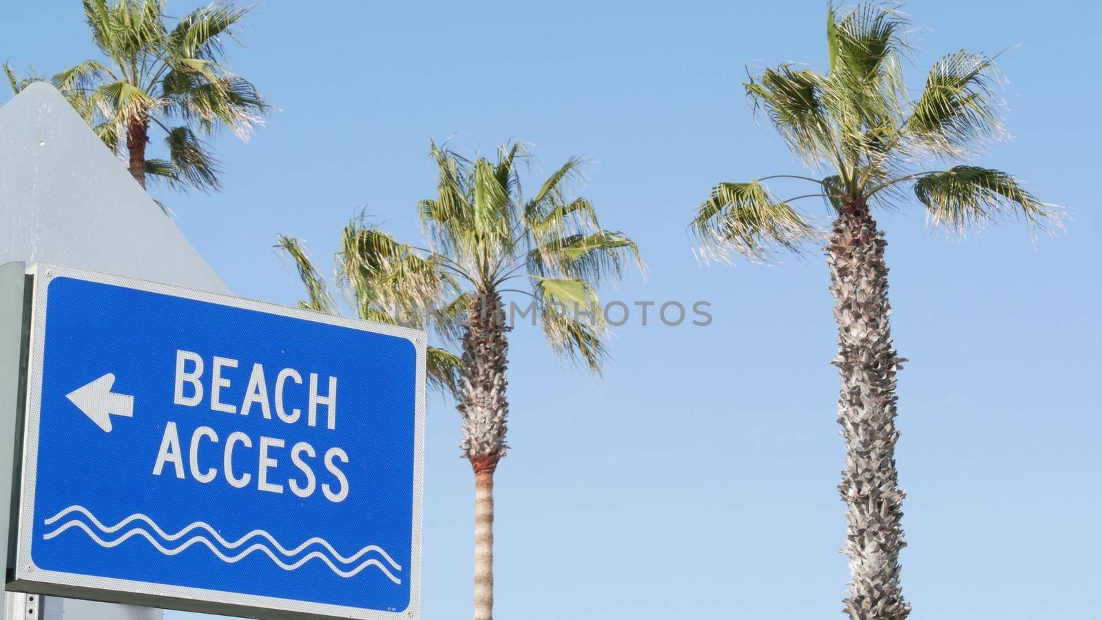 Beach sign and palms in sunny California, USA. Palm trees and seaside signpost. Oceanside pacific tourist resort aesthetic. Symbol of travel holidays and summertime vacations. Beachfront promenade by DogoraSun