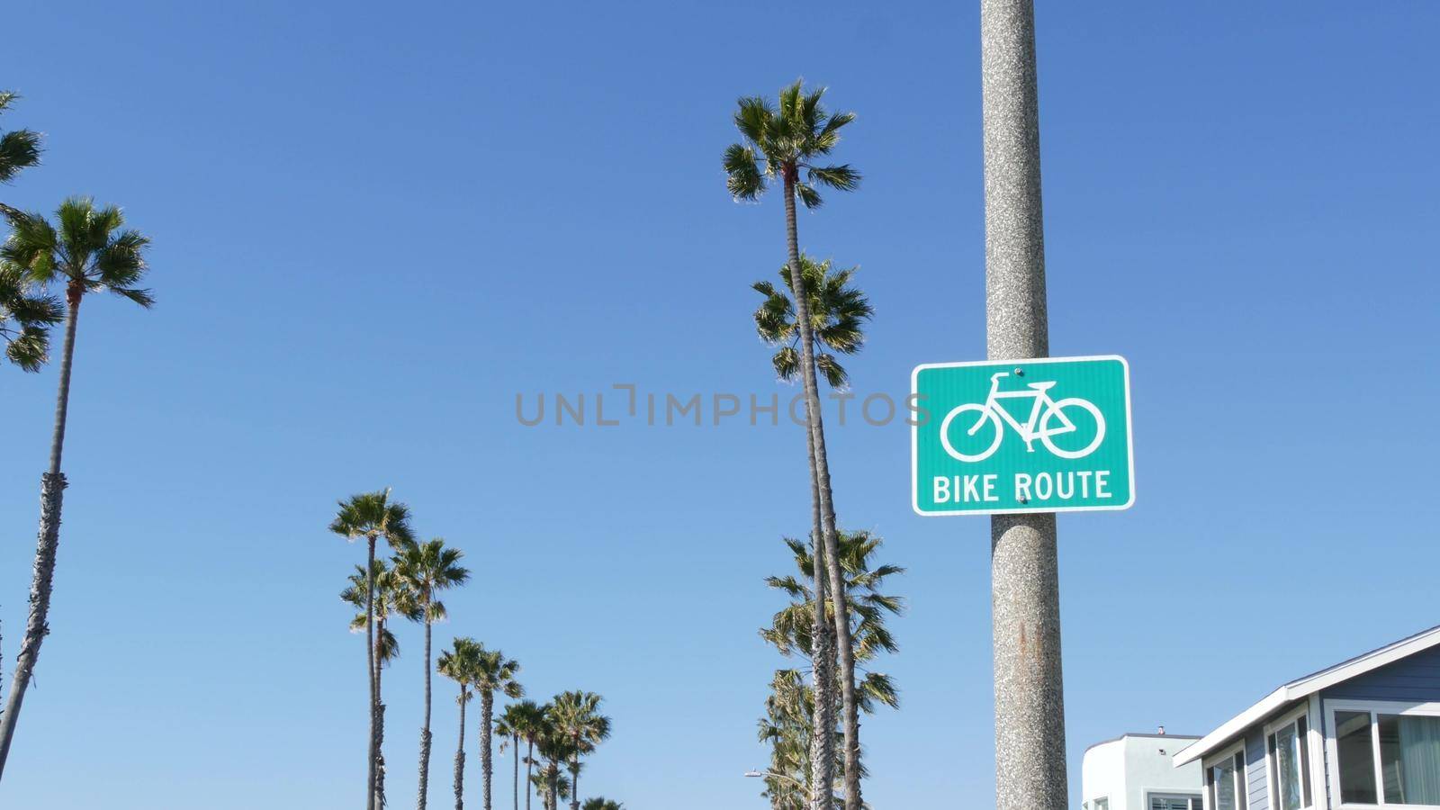 Bike Route green road sign in California, USA. Bicycle lane singpost. Bikeway in Oceanside pacific tourist resort. Cycleway signboard and palm. Healthy lifestyle, recreation and safety cycling symbol.
