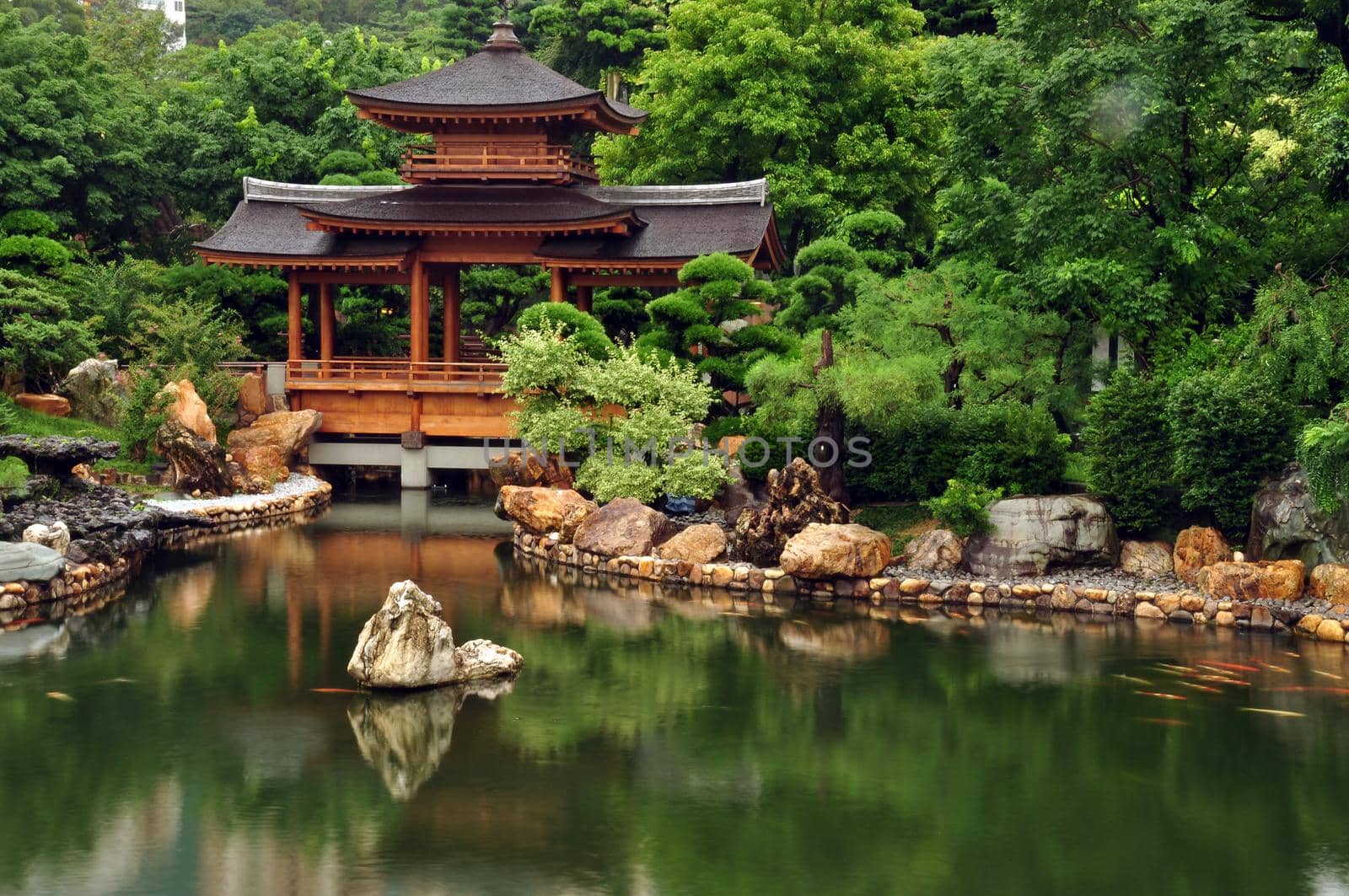 Tranquil oriental garden with pond, Zen view of calm green pond water with oriental house and rocks on shore, Hong Kong, Nan Lian