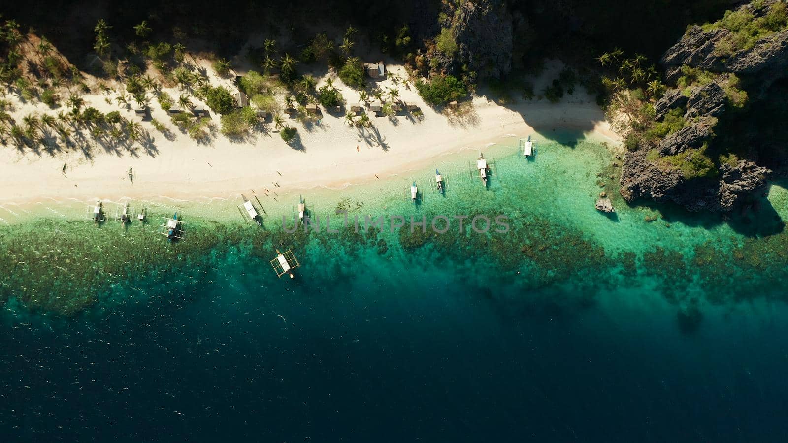 aerial drone tropical island and sand beach with palm trees. Malajon Island, Philippines, Palawan. tourist boats on coast tropical island. Summer and travel vacation concept. beach and blue clear sea water