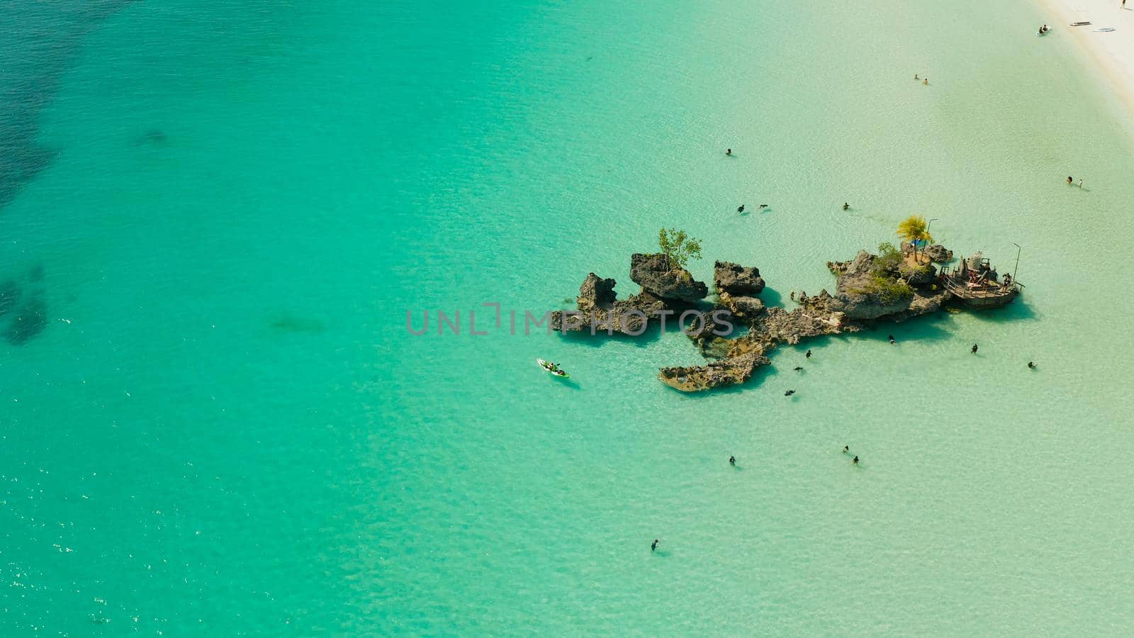 Boracay island Grotto, Willy's Rock and white beach top view Boracay, Philippines. Copy space for text. Summer and travel vacation concept.