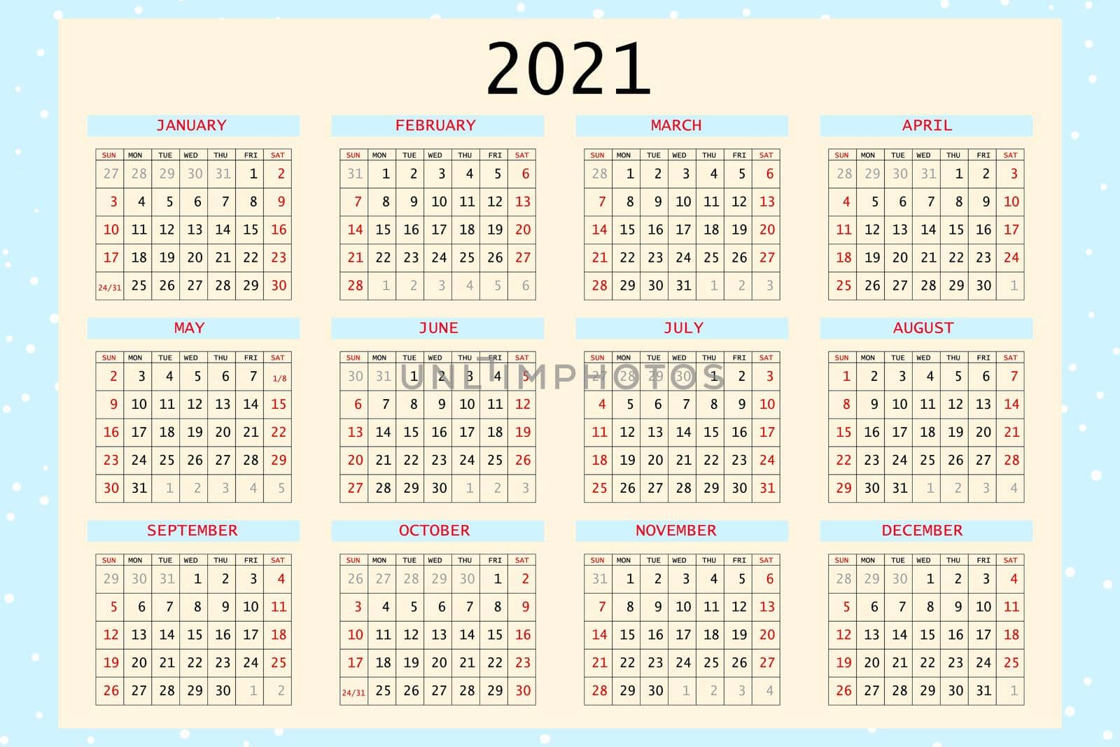 2021 calendar planner. Corporate week. Template layout, 12 months yearly, white background. Simple design for business brochure, flyer, print media, advertisement. Week starts from Sunday. A4 size