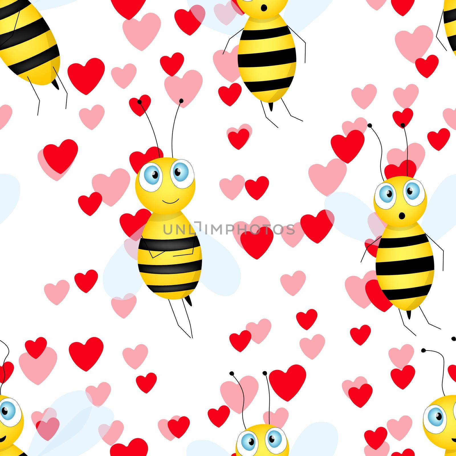 Seamless pattern with bees and hearts on white background. Small wasp. Vector illustration. Adorable cartoon character. Template design for invitation, cards, textile, fabric. Doodle style