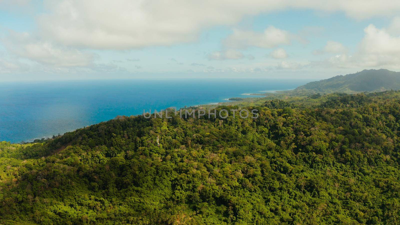 Coastline of tropical island Balabac covered with green rain forest against the blue sky with clouds and blue sea, aerial view. Seascape: Ocean and sky. Palawan, Philippines
