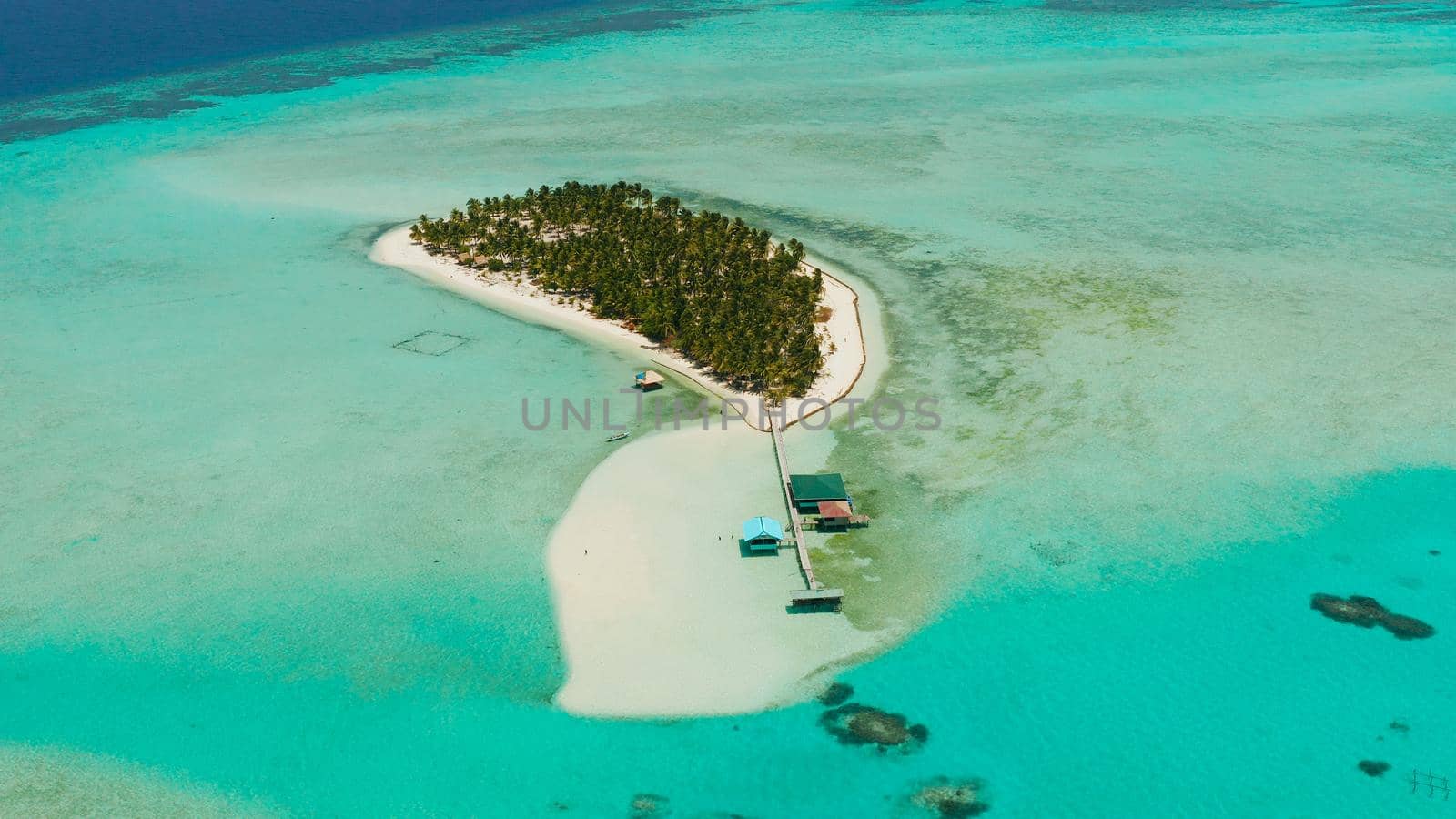 Tropical island in the ocean with palm trees on white sand beach. Onok Island, Balabac, Philippines. Summer and travel vacation concept
