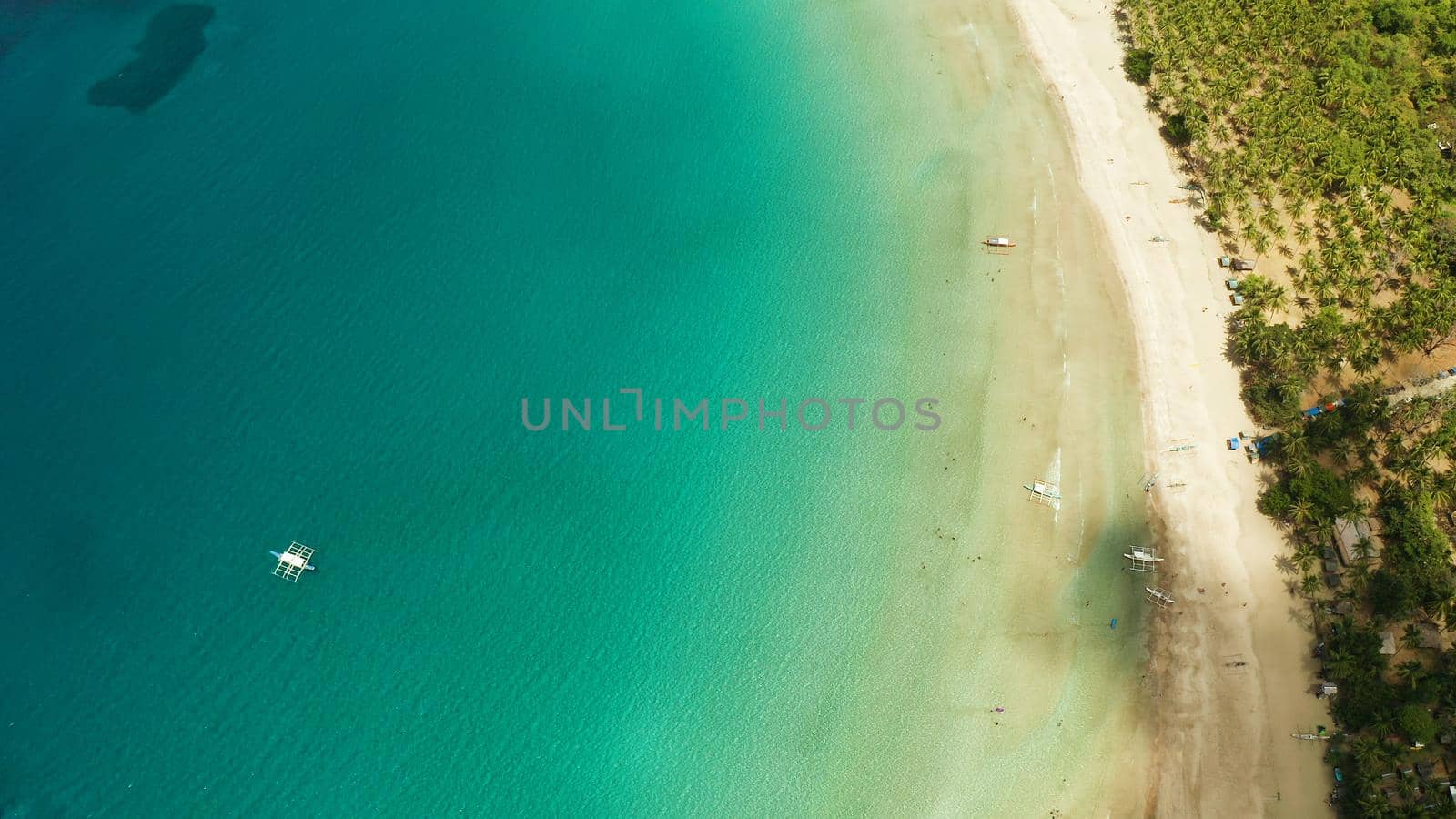 Tropical sandy beach with tourists in blue water, aerial view. Nagtabon. Palawan, Philippines. Seascape with lagoon in sea, sand, palm trees. Summer and travel vacation concept