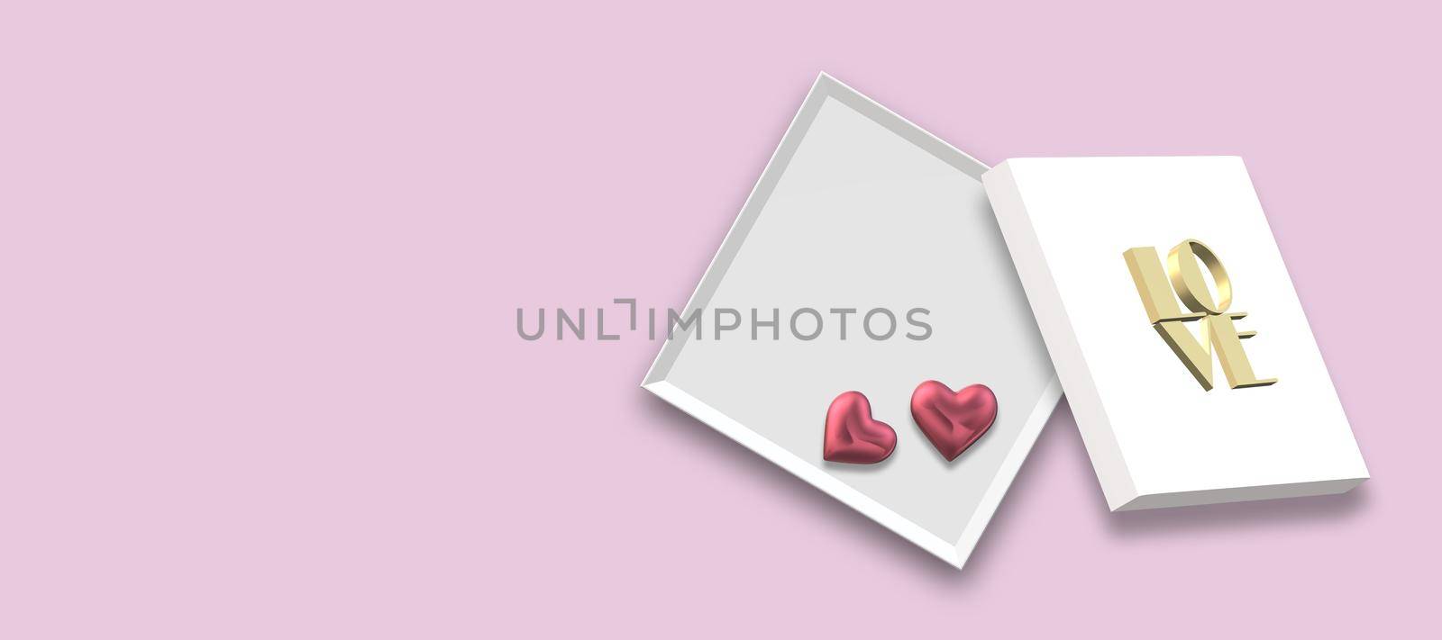 Open gift box, gold bow, pink hearts isolated on pink background. Top view, flat lay, mock up. place for text. Horizontal 3D Illustration