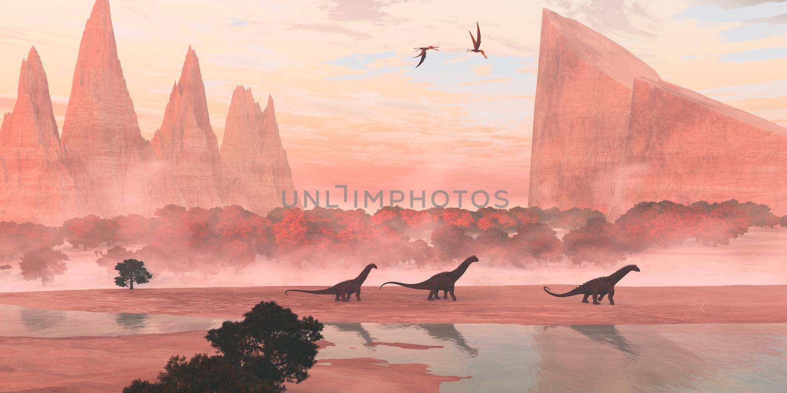 Anhanguera Pterosaurs fly over Alamosaurus sauropod dinosaurs walking along the banks of a river during the Cretaceous Period.