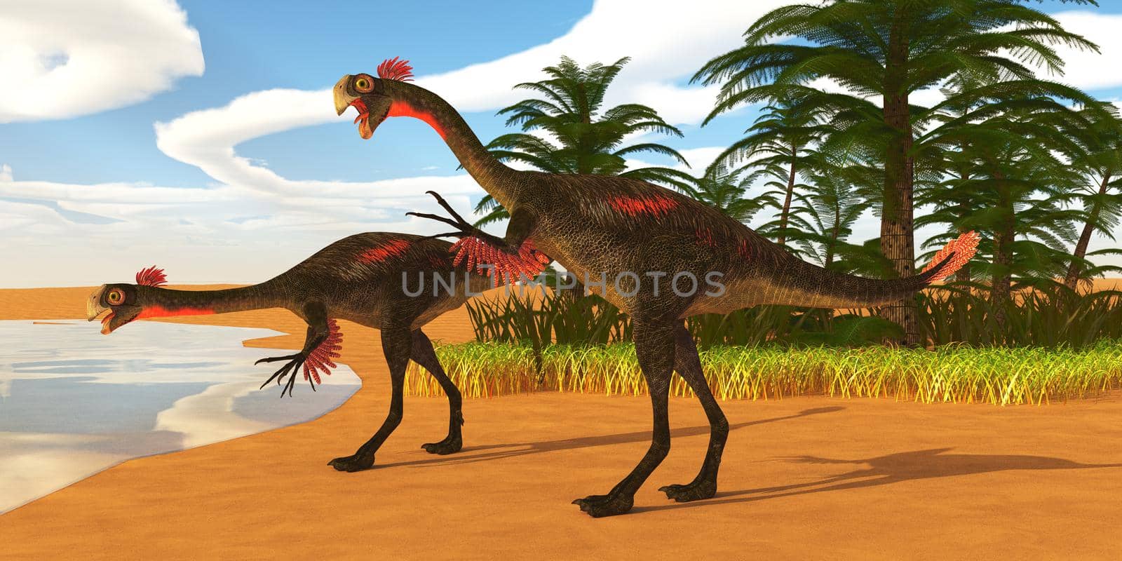 Gigantoraptor theropod dinosaurs come down to a lake to drink in Mongolia, China during the Cretaceous Period.