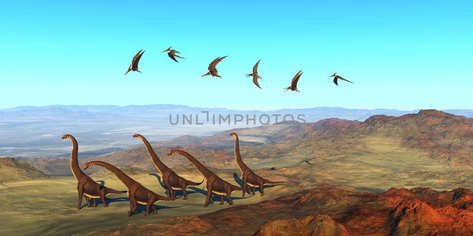 A herd of Giraffatitan dinosaurs walk on their yearly migration over an African extinct volcano as a flock of Pteranodons fly over them.