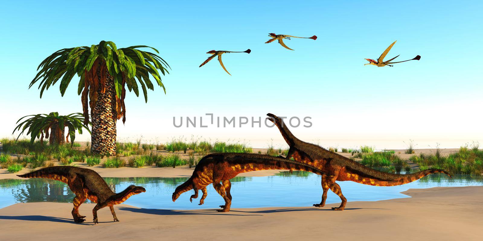 Plateosaurus dinosaurs, Eudimorphodon reptiles and Bjuvia trees surround a watering hole during the Triassic period.