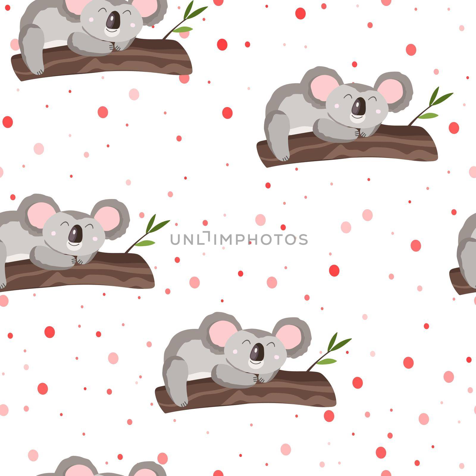 Seamless pattern with cute koala baby and hearts on white polka dots background. Funny australian animals. Card, postcards for kids. Flat vector illustration for fabric, textile, wallpaper, paper