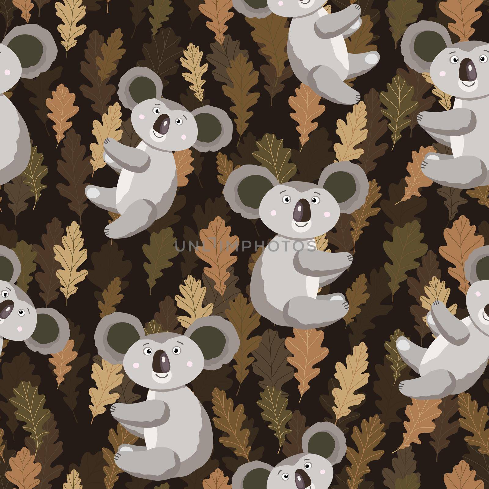 Seamless pattern with cute koala baby and leaves on color background. Funny australian animals. Card, postcards for kids. Flat vector illustration for fabric, textile, wallpaper, poster, paper