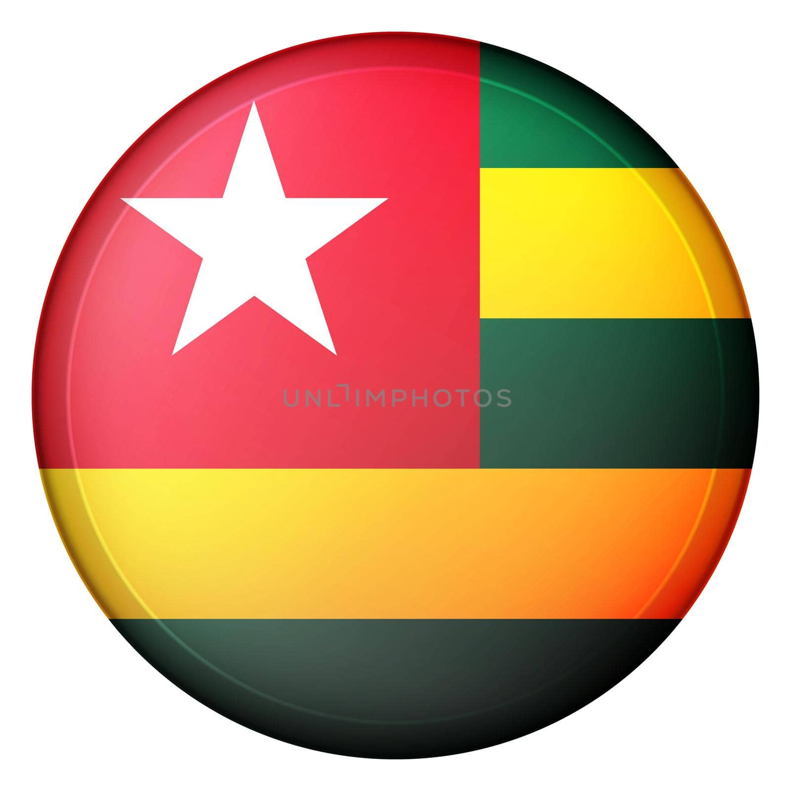 Glass light ball with flag of Togo. Round sphere, template icon. national symbol. Glossy realistic ball, 3D abstract vector illustration highlighted on a white background. Big bubble