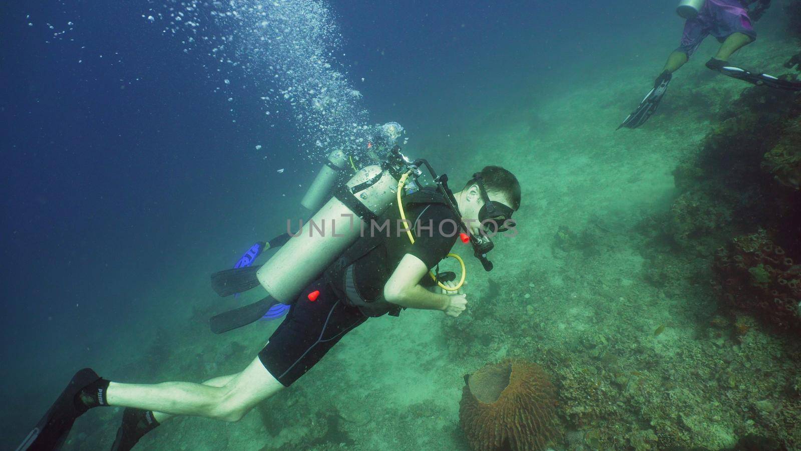 Scuba diver explores underwater coral reef and watching fish.Scuba diver underwater in tropical sea.Tropical fish on coral reef. Diving and snorkeling in tropical sea.