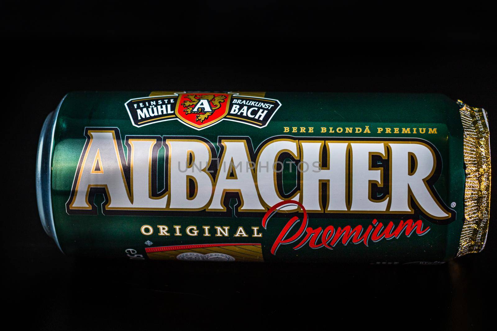 Albacher beer can isolated on black background. Bucharest, Romania, 2021