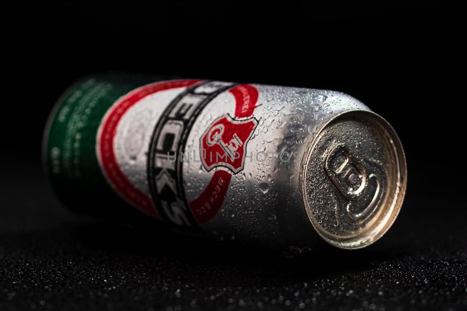 Condensation water droplets on Beck`s beer can isolated on black. Bucharest, Romania, 2020