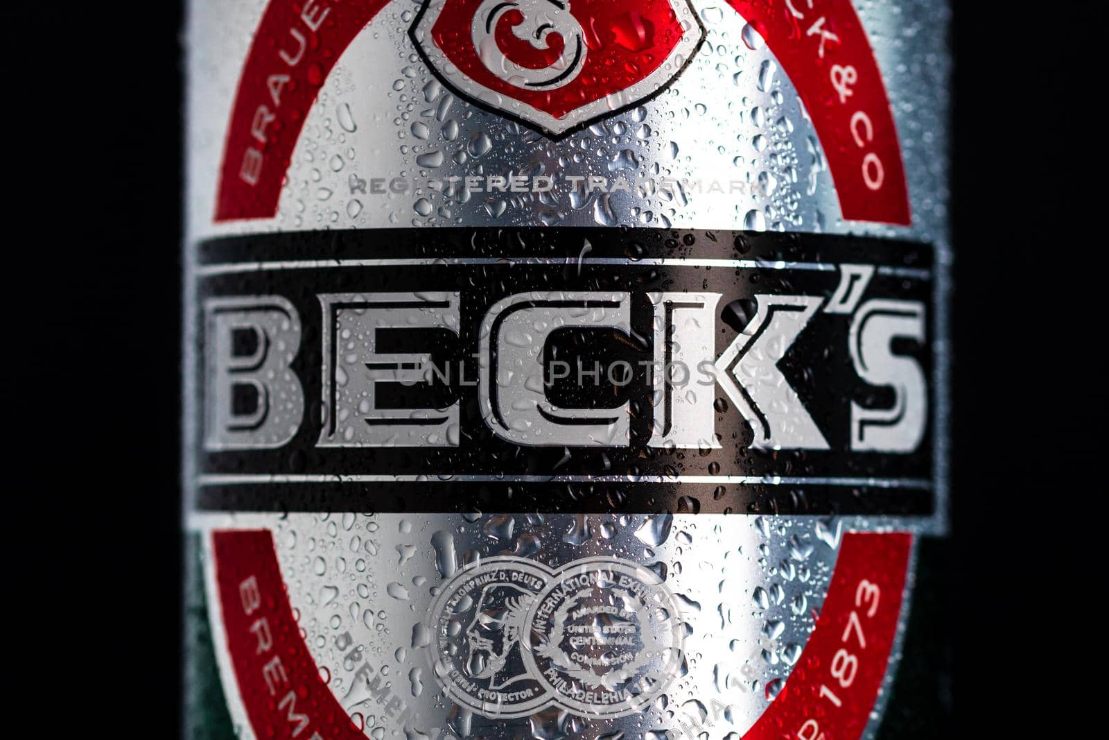 Condensation water droplets on Beck`s beer can isolated on black. Bucharest, Romania, 2020