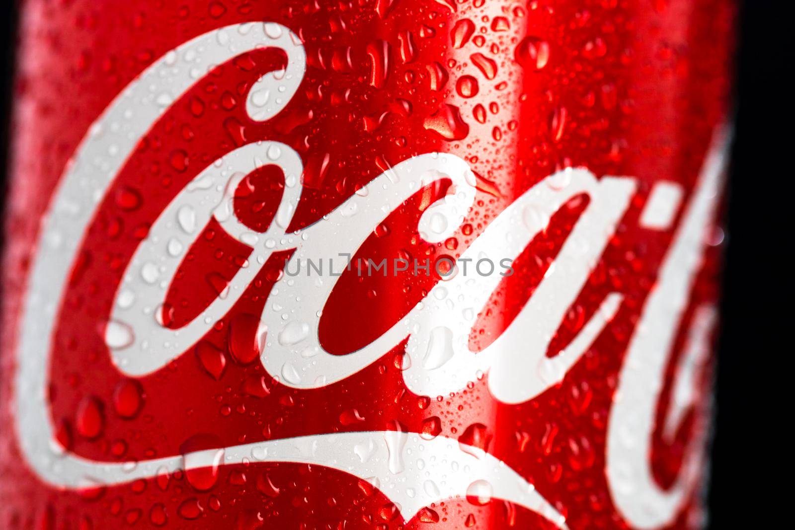 Detail of classic Coca-Cola can on black background. Studio shot in Bucharest, Romania, 2021 by vladispas