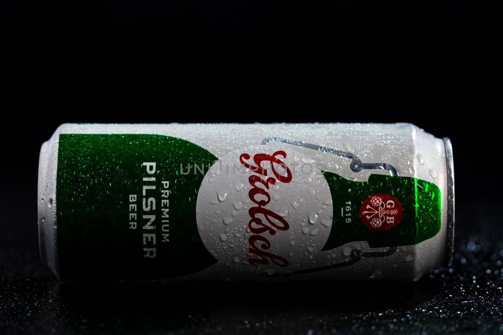 Water droplets on Grolsch Premium Pilsner - Grolsch Premium Lager beer can. Studio photo shoot in Bucharest, Romania, 2021 by vladispas