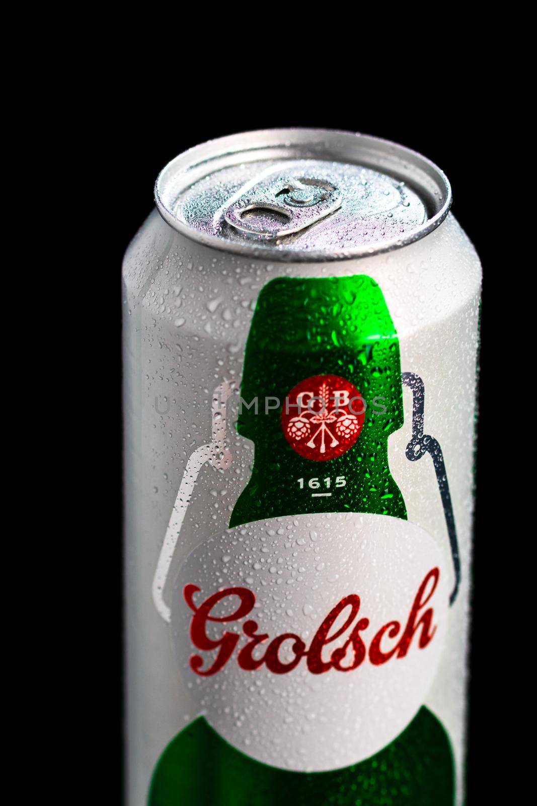 Water droplets on Grolsch Premium Pilsner - Grolsch Premium Lager beer can. Studio photo shoot in Bucharest, Romania, 2021