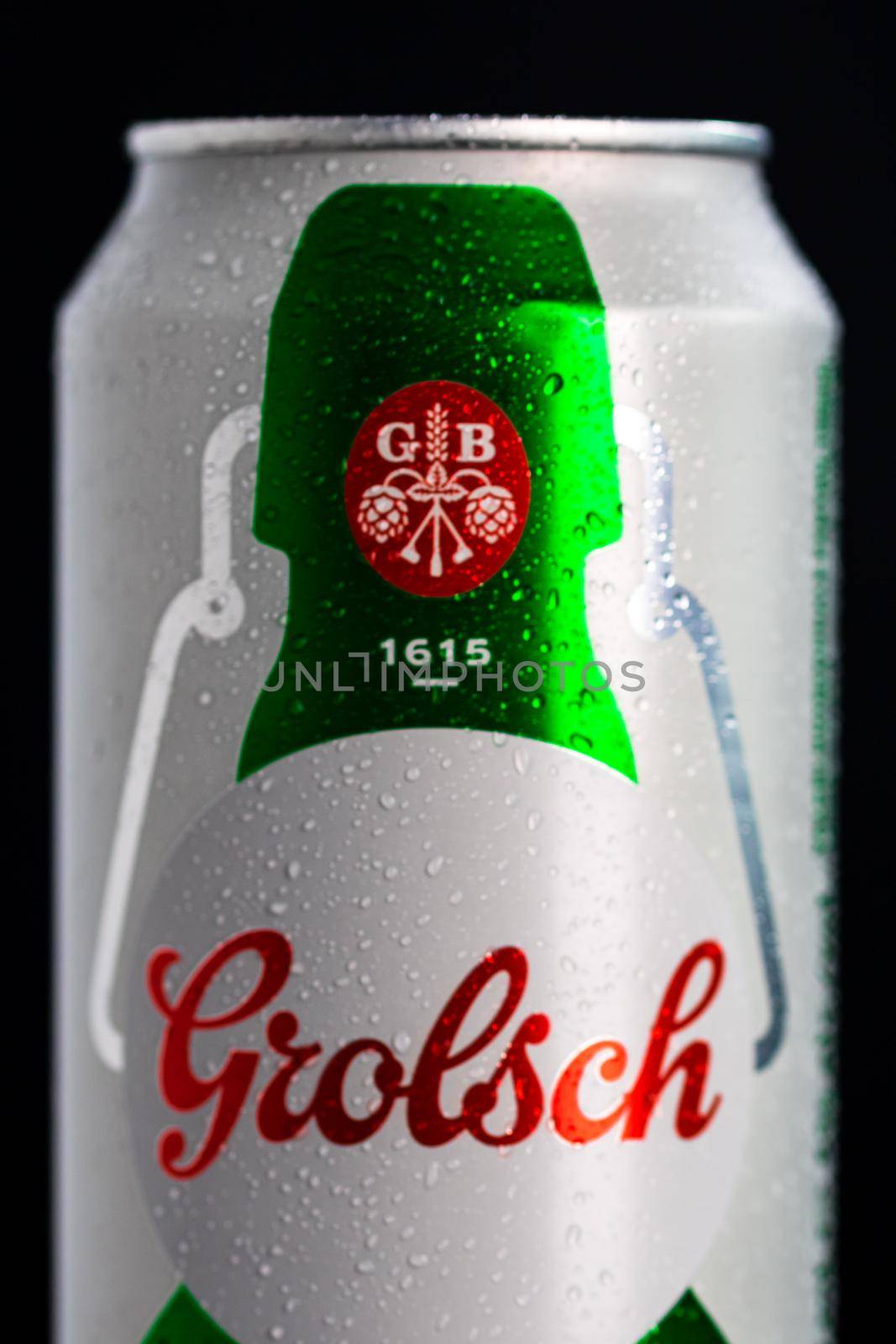 Water droplets on Grolsch Premium Pilsner - Grolsch Premium Lager beer can. Studio photo shoot in Bucharest, Romania, 2021