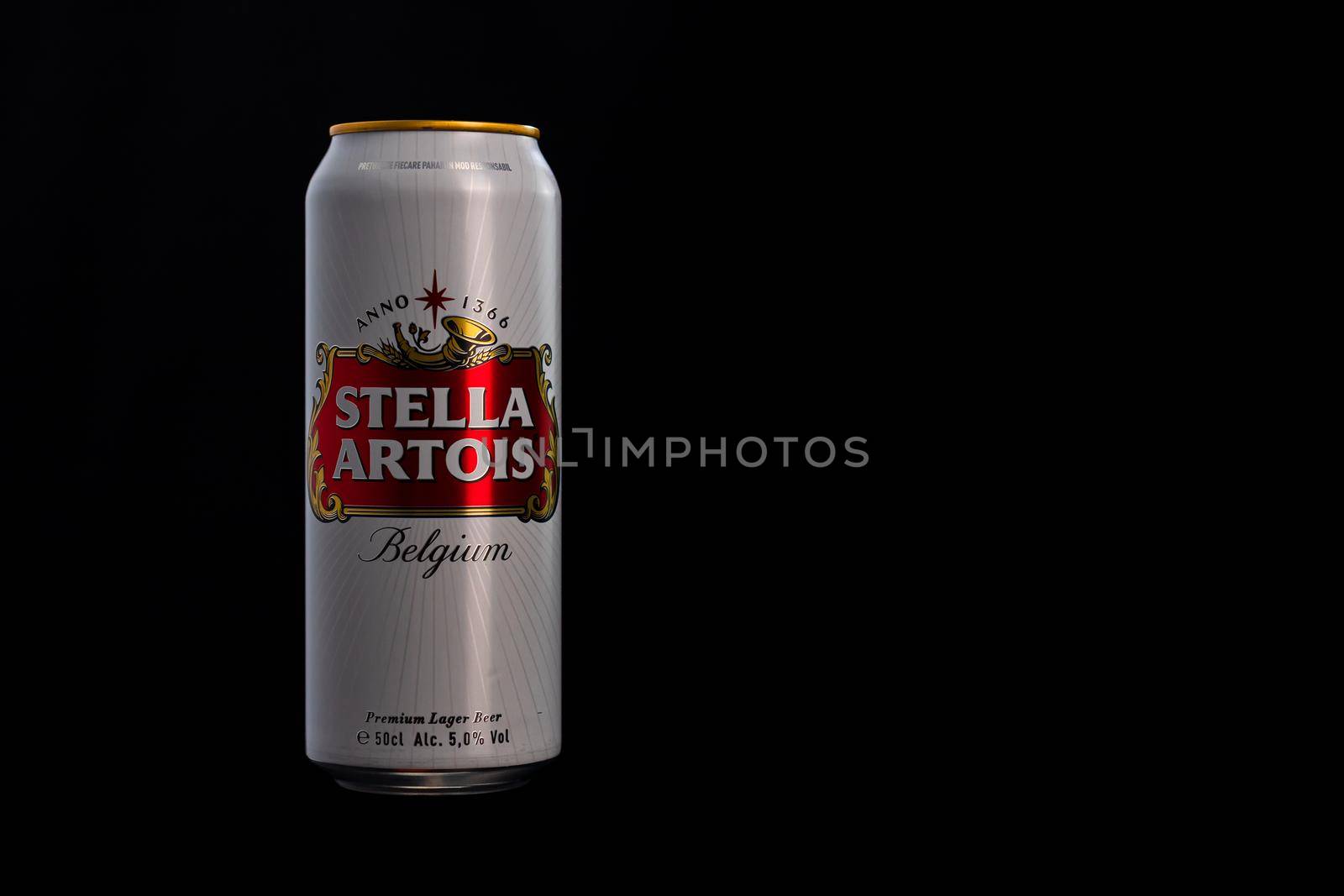 Stella Artois beer can isolated on black background. Bucharest, Romania, 2020 by vladispas