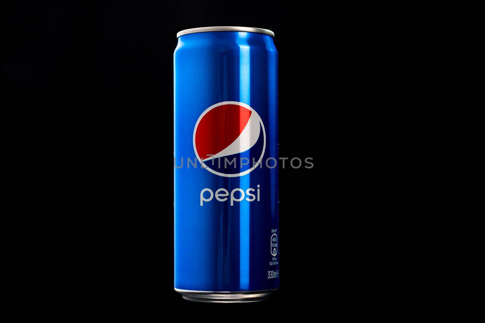 Editorial photo of classic Pepsi can on black background. Studio shot in Bucharest, Romania, 2021