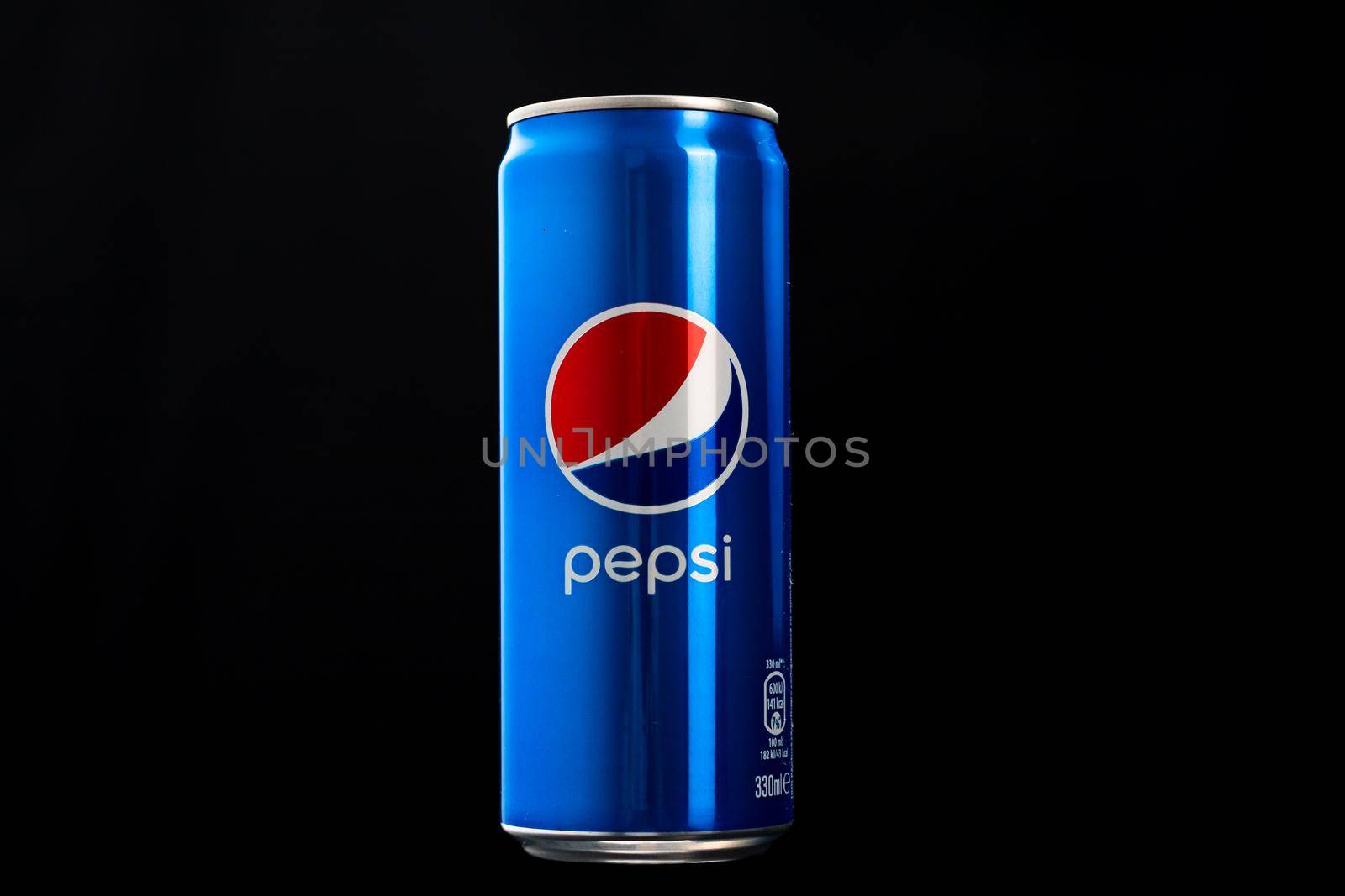 Editorial photo of classic Pepsi can on black background. Studio shot in Bucharest, Romania, 2021 by vladispas