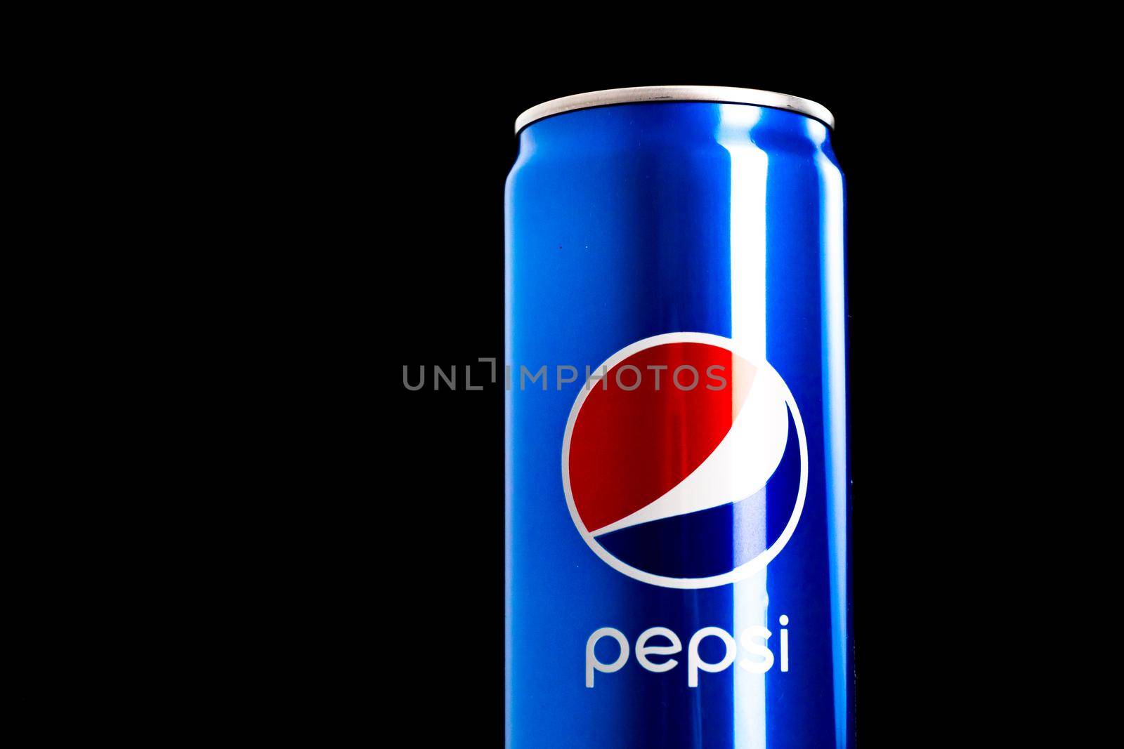 Editorial photo of classic Pepsi can on black background. Studio shot in Bucharest, Romania, 2021 by vladispas