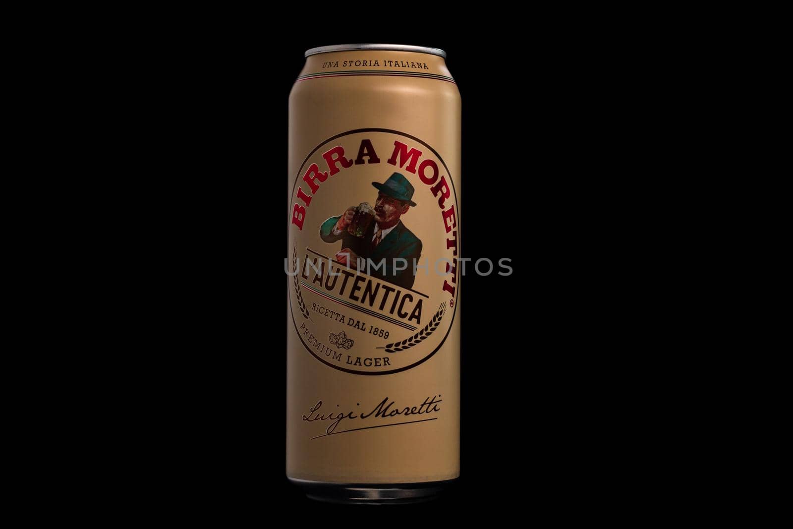 Birra Moretti, a premium lager beer produced by Italian brewing company now owned by Heineken International. Studio photo shoot in Bucharest, Romania, 2021