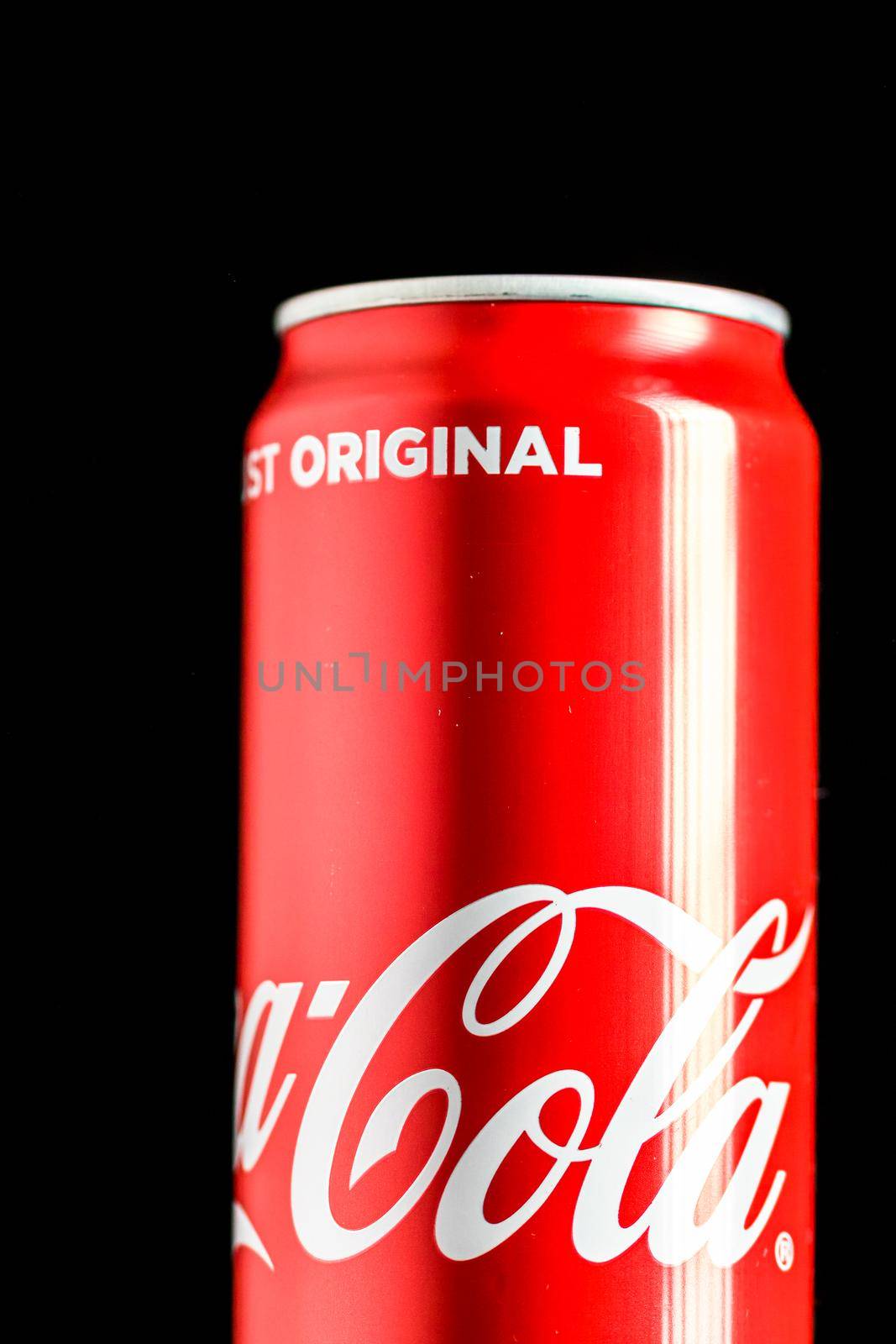 Editorial photo of classic Coca-Cola can on black background. Studio shot in Bucharest, Romania, 2020 by vladispas