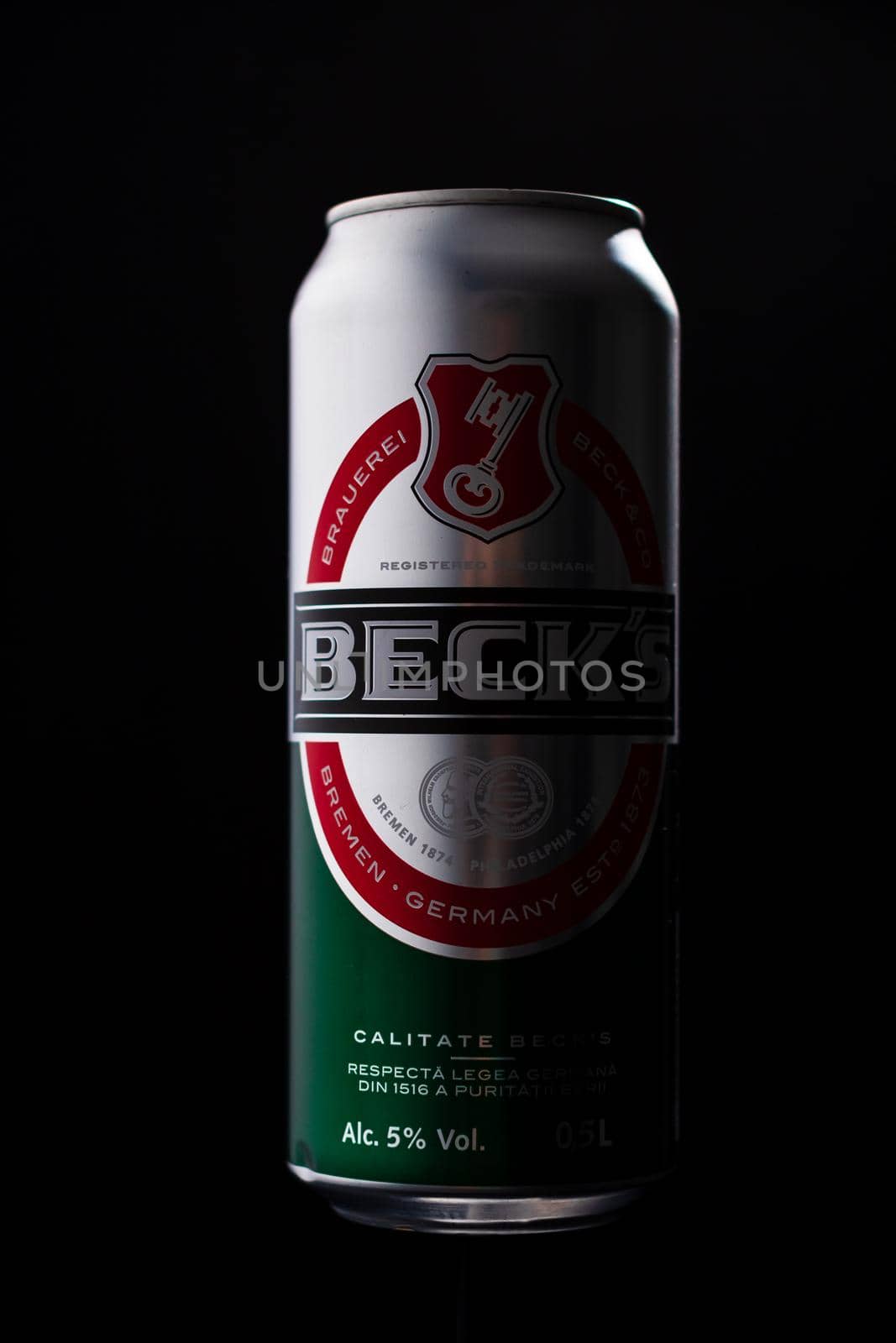 Beck`s beer can isolated on black background. Bucharest, Romania, 2020 by vladispas