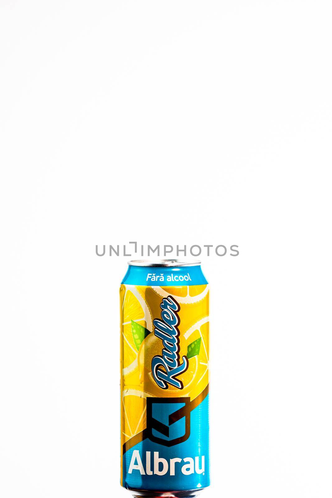 Albrau Radler Beer from Romanian local brewery isolated. Detail photo of beer can in Bucharest, Romania, 2020 by vladispas