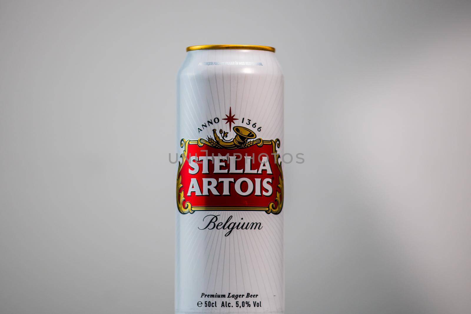 Great Belgium beer - Stella Artois. Belgium Premium Lager beer can. Studio photo shoot in Bucharest, Romania, 2020 by vladispas