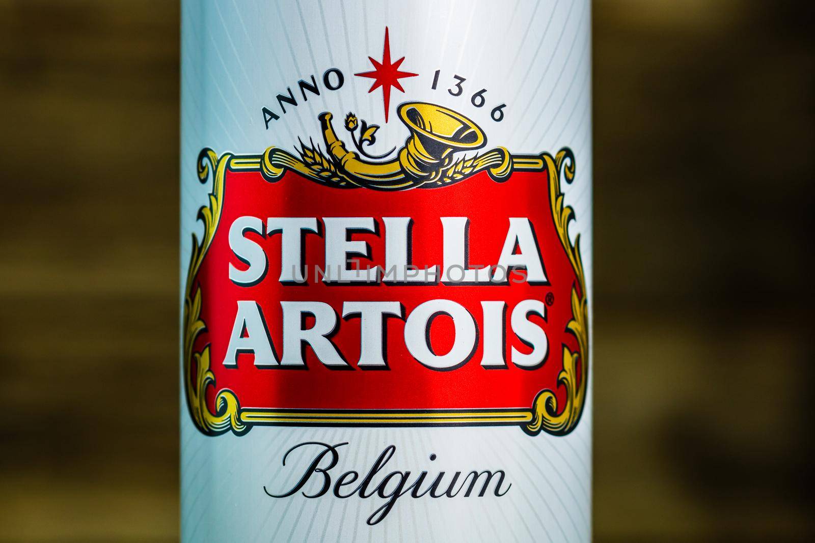 Great Belgium beer - Stella Artois. Belgium Premium Lager beer can. Studio photo shoot in Bucharest, Romania, 2020 by vladispas