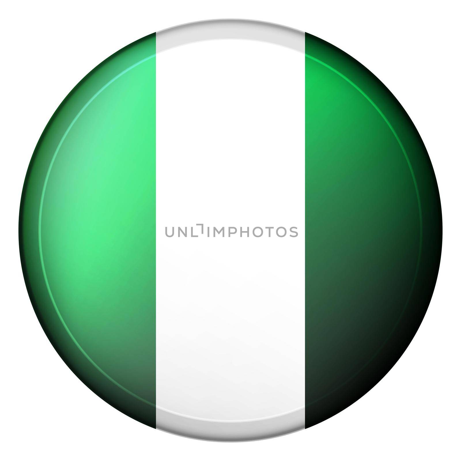 Glass light ball with flag of Nigeria. Round sphere, template icon. Nigerian national symbol. Glossy realistic ball, 3D abstract vector illustration highlighted on a white background. Big bubble