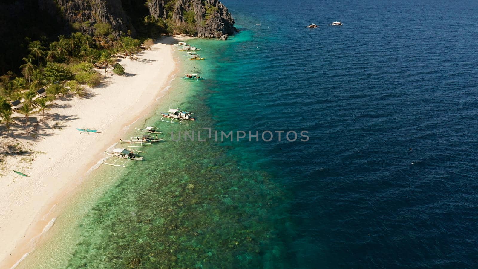 aerial view island with tropical sandy beach and palm trees. Malajon Island, Philippines, Palawan. tourist boats on coast tropical island. Summer and travel vacation concept. beach and blue clear sea water