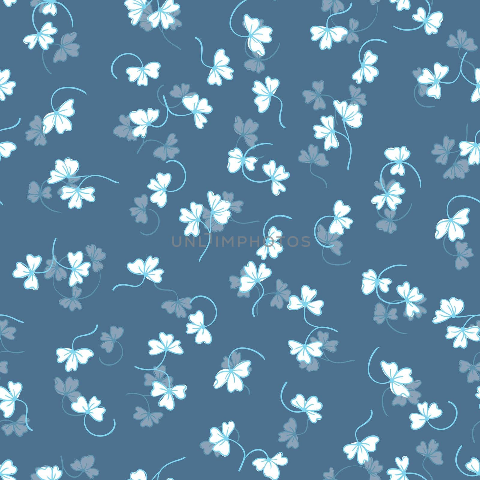 Trendy seamless floral pattern with ornament. Colorful flowers on blue background. Simple minimalistic pattern with nature elements. Vector illustration for fabric, textile, poster, invitation